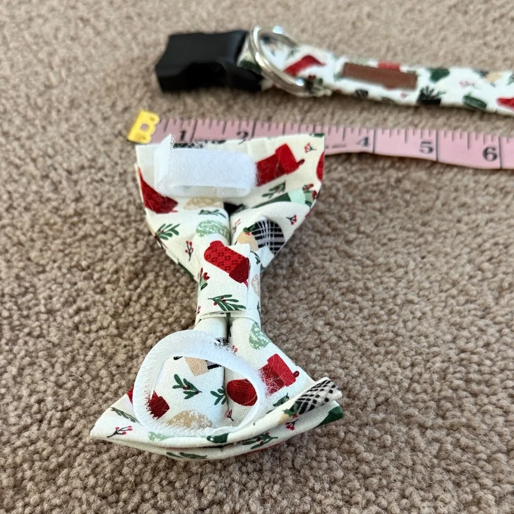 Holiday Cream Bow Tie Dog Collar with Red & Green Stocking Print